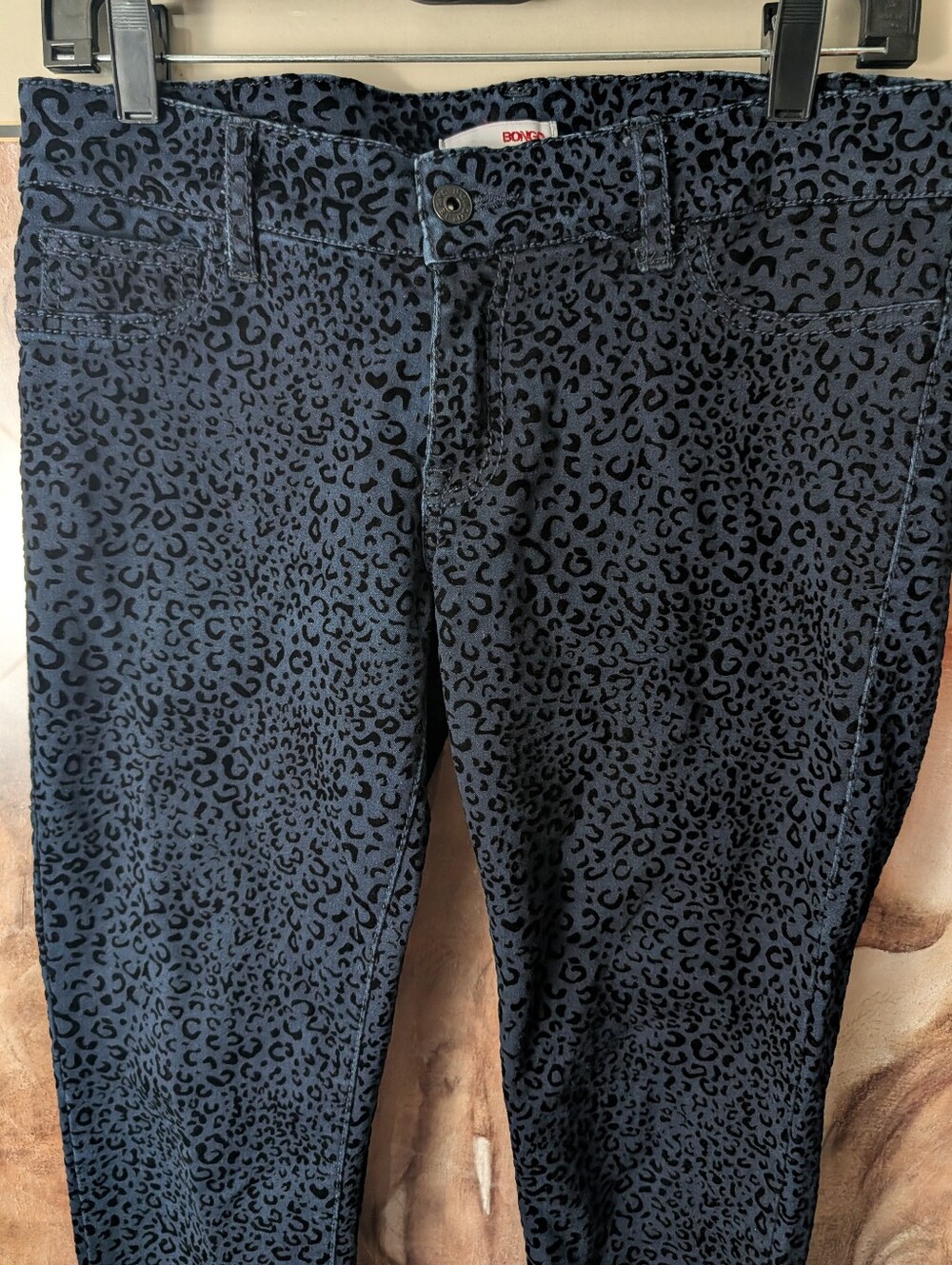Vintage Bongo dark wash blue jeans black flocked velvet leopard Print Size 9